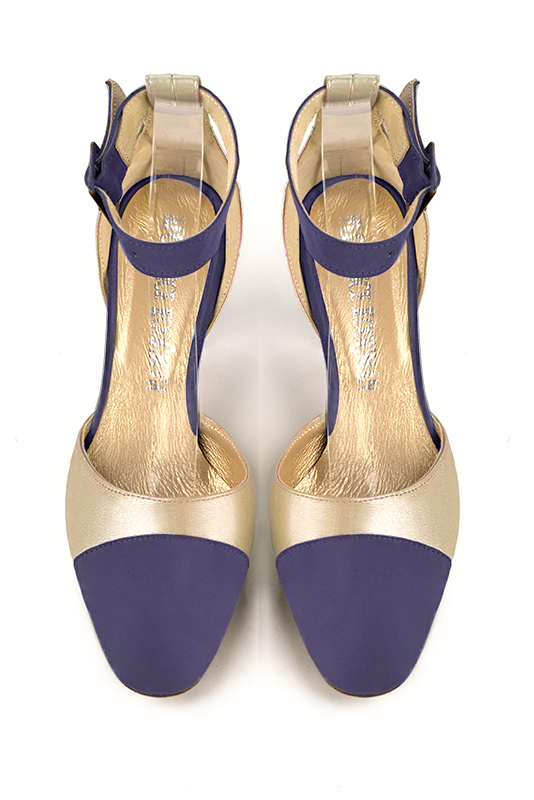 Lavender purple and gold women's open side shoes, with a strap around the ankle. Round toe. High kitten heels. Top view - Florence KOOIJMAN